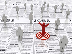 Image depicting job seekers standing on job listings